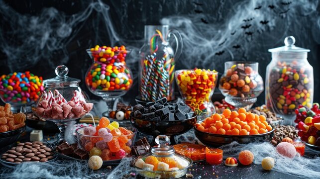 A candy buffet with a variety of Halloween sweets and treats.