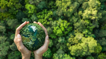 aerial view of green forest with globe Earth in hands, green planet, save Earth concept, ecosystem focus