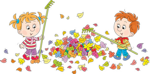 Funny little girl and boy raking fallen colorful leaves with small rakes and cleaning their autumn garden, vector cartoon illustration isolated on a white background