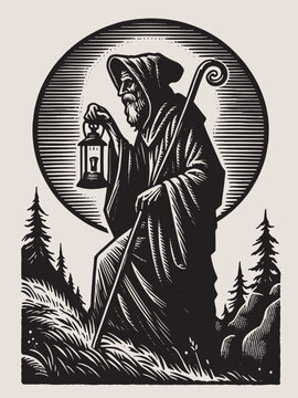 An old hermit with an old lantern. Vintage old engraving vector illustration, emblem, print.