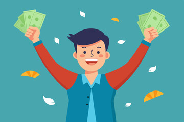 Joyful man with banknotes of money in his hands. The concept of wealth. Vector illustration
