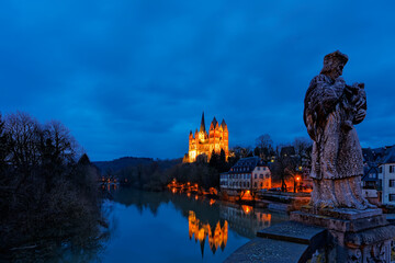 Panoramic view of Limburg Cathedral at night, Germany.
