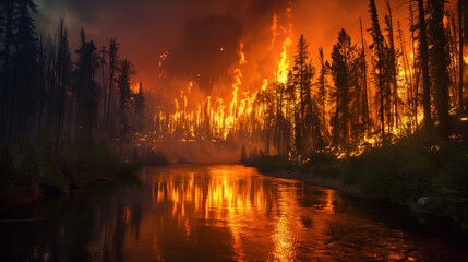 Fototapeta premium A nightmarish vision of a forest fire, with flames consuming the trees and reflecting off a winding river. 