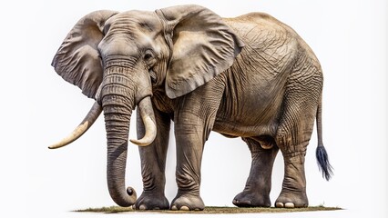 Obraz premium Large majestic African elephant with wrinkled gray skin and long tusks stands isolated on a transparent background, perfect for digital composition and editing.