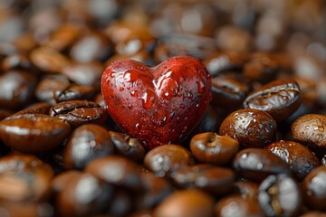 Obraz premium Heart-Shaped Red Stone Amidst Wet Coffee Beans - Love, Romance, Coffee, Valentines Concept for Posters Cards