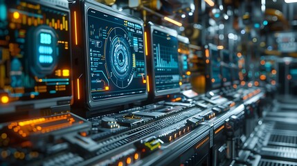 Fototapeta premium A futuristic factory floor with AI systems overseeing the automated assembly of electronic devices, displaying efficiency metrics on digital screens. Created Using: high-tech manufacturing,