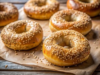 Freshly baked homemade bagels with crispy texture and sesame seed topping, arranged on baking paper, offering ample space for creative use and customization.
