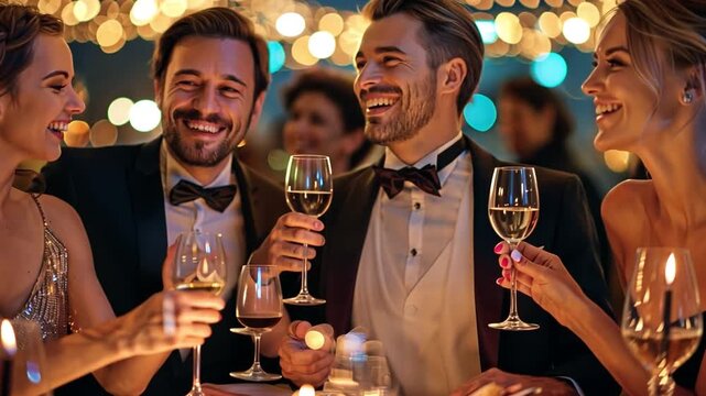 People interacting and grinning in formal attire as they enjoy a lavish celebration