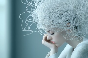 Woman wired brain, jumbled thoughts, unable to cope, confused thoughts, mounting debt, bills, state of anxiety, depression, hopelessness, spiraling out of control. 