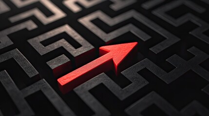 A top view of a red arrow cutting through the twists and turns of a black maze, representing strategic direction and progress