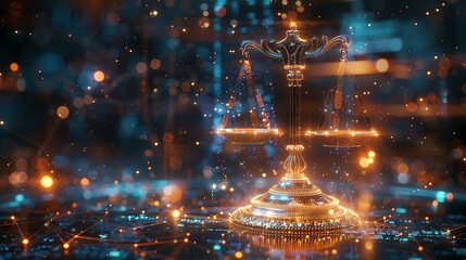 A futuristic setting showing AI systems with a balance scale, symbolizing fairness in AI, highlighting the ethical challenges and biases with holographic data streams.