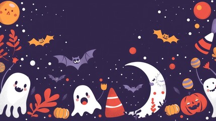 Naklejka premium A festive Halloween border with cute monsters, smiling moon, and fun Halloween treats.