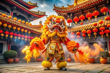 Fototapeta premium Vibrant orange and gold lion dance costume performer poses in front of a ancient temple, surrounded by lanterns and incense, celebrating Lunar New Year.