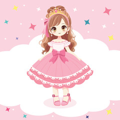 Cute princess with beautiful eyes in a pink dress and a crown. Vector illustration in flat cartoon style