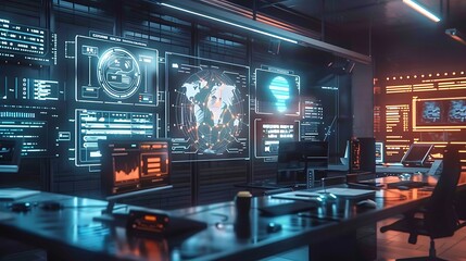 Obraz premium A futuristic workspace with AI systems performing real-time speech recognition and language translation, featuring holographic text and audio visualizations. Created Using: advanced NLP technology,