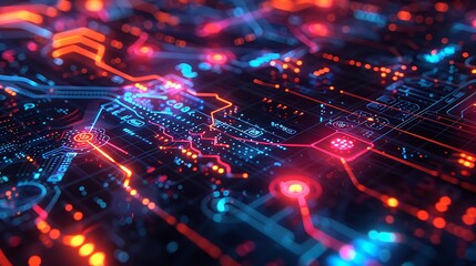 Obraz premium A high-tech visualization of various machine learning algorithms interacting, with colorful data flow diagrams and algorithm icons on a sleek dark background. Created Using: vibrant colors,