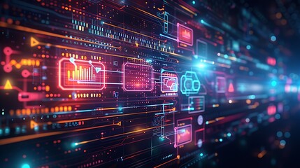 Fototapeta premium A high-tech visualization of various machine learning algorithms interacting, with colorful data flow diagrams and algorithm icons on a sleek dark background. Created Using: vibrant colors,