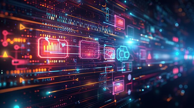 A high-tech visualization of various machine learning algorithms interacting, with colorful data flow diagrams and algorithm icons on a sleek dark background. Created Using: vibrant colors,
