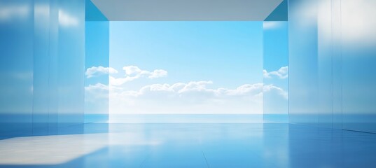 Beautiful blue sky with white clouds and floor-to-ceiling glass windows of a modern minimalist building