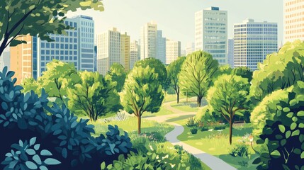Fototapeta premium An illustrated green urban park with lush trees and vibrant plants surrounded by city buildings, showcasing urban sustainability