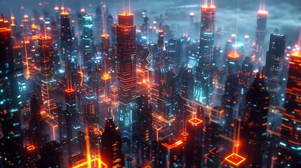 A smart city with interconnected systems managing traffic, energy, and security, depicted with glowing lines and nodes throughout the cityscape at night. Created Using: cybernetic urban design,