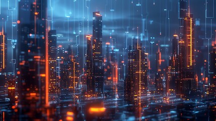 Obraz premium A smart city with interconnected systems managing traffic, energy, and security, depicted with glowing lines and nodes throughout the cityscape at night. Created Using: cybernetic urban design,