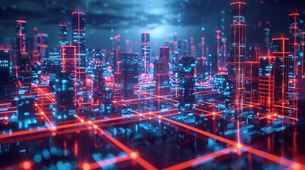 Fototapeta premium A smart city with interconnected systems managing traffic, energy, and security, depicted with glowing lines and nodes throughout the cityscape at night. Created Using: cybernetic urban design,