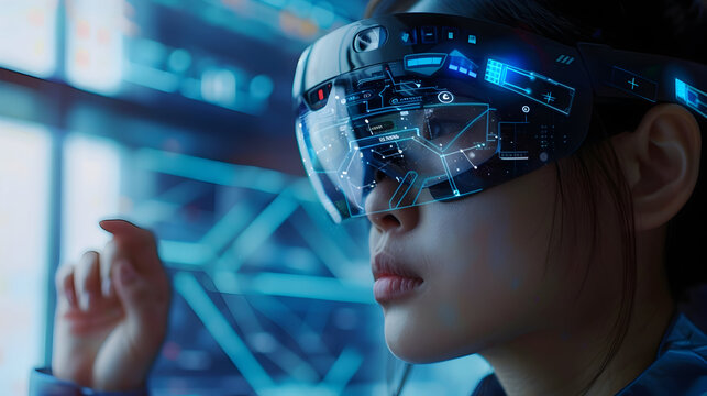 Woman Wearing Futuristic VR Headset Interacting with Digital Interface 3D Illustration