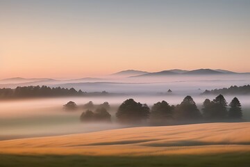 A serene sunrise illuminates a foggy field, with silhouettes of trees and lush grass creating a tranquil landscape.