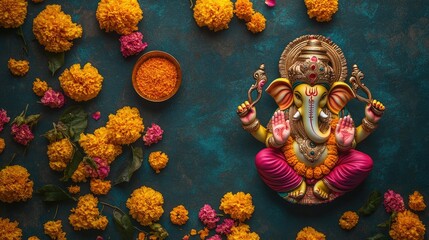 Top view of a colorful Ganesha idol surrounded by marigold flowers and aarti thali, with ample space for text
