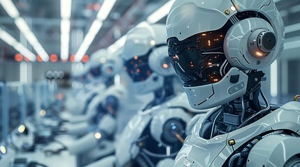 Fototapeta premium Advanced robots performing complex tasks in a research laboratory, with AI systems guiding their precision and efficiency. Created Using: photorealistic rendering, high-tech design, high detail,