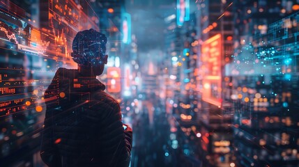 A user interacting with AI-generated characters in a futuristic VR cityscape, with holographic interfaces and dynamic urban environments. Created Using: advanced VR technology, photorealistic style,