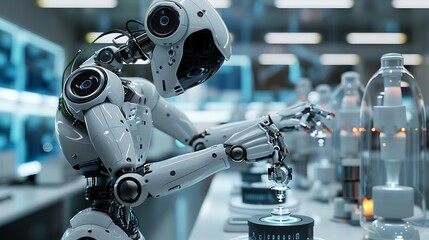 Fototapeta premium Advanced robots performing complex tasks in a research laboratory, with AI systems guiding their precision and efficiency. Created Using: photorealistic rendering, high-tech design, high detail,