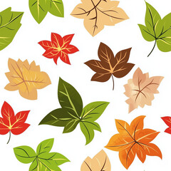 Seamless pattern Autumn Leaves in Green, Red, and Beige on White