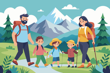 Happy family and hiking. Father, mother and children are traveling through the mountains. Trekking to nature
