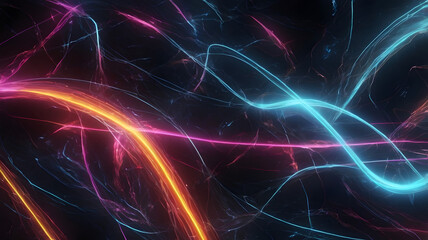 Abstract Neon Flow: Vibrant, swirling neon lines dance across a dark background, creating an ethereal and futuristic aesthetic. This captivating digital art piece is perfect for projects that require 