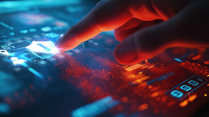Finger interacts with a secure digital interface displaying a glowing shield icon, representing cybersecurity, data protection, and advanced online security in a high-tech environment.