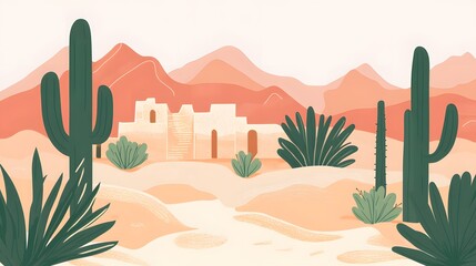 Minimalist flat illustration of a desert landscape in Latin America, with cacti and pre-Columbian ruins, reflecting the historical and natural diversity of Spanish heritag