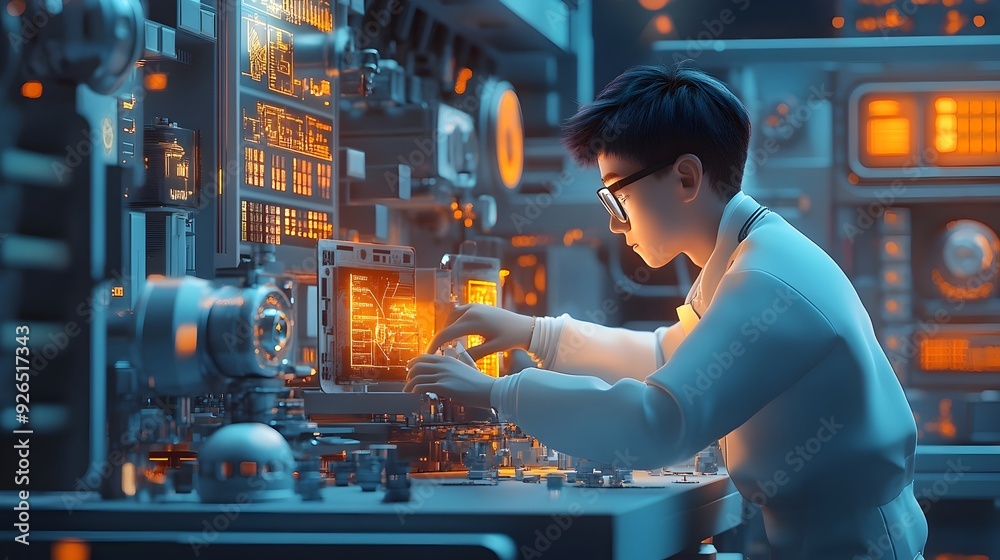 Poster 3d rendered engineer optimizing resource allocation for maximum efficiency