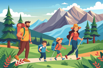 Happy family and hiking. Father, mother and children are traveling through the mountains. Trekking to nature
