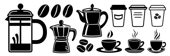 Coffee and tea equipment silhouettes on white background