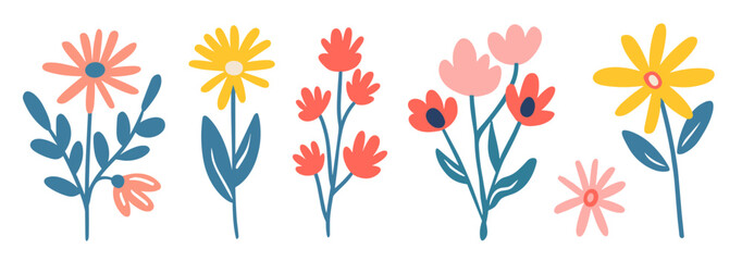 Colorful hand-drawn flowers on white background