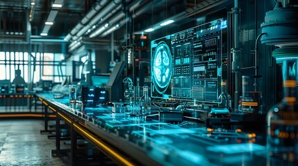 Fototapeta premium AI algorithms processing data with a holographic overlay showing transparency and accountability, set in a high-tech lab with dynamic lighting. Created Using: advanced AI technology,