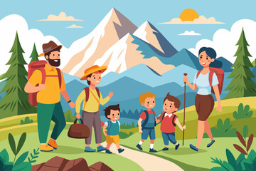 Happy family and hiking. Father, mother and children are traveling through the mountains. Trekking to nature
