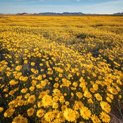 A carpet of yellow flowers stretches across the landscape, creating a sea of color under the clear sky
