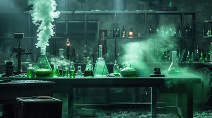 A creepy laboratory with green bubbling potions and eerie lighting.