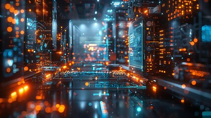 Obraz premium AI and quantum computing merging in a futuristic lab, with glowing quantum circuits and real-time algorithm analysis displayed on interactive holographic screens. Created Using: advanced technology,