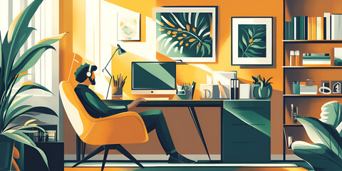 Fototapeta premium Man Sitting in a Chair at a Desk, Working on a Computer in a Brightly Lit Office