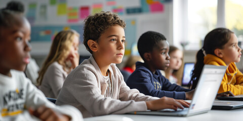 Tech-savvy Gen Alpha student using a laptop in class, engaged in digital learning.
