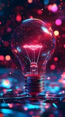 A glowing light bulb with a vibrant pink filament, surrounded by colorful bokeh lights.